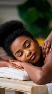 Femme se relaxant lors d'un massage, gros plan sur le visage.