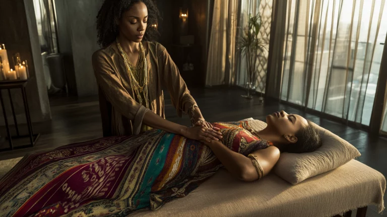 Femme recevant un massage dans un cadre luxueux, masseuse effectuant le massage.
