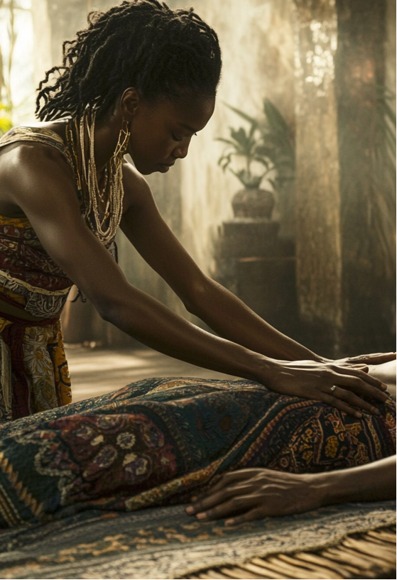 Femme effectuant un massage, gros plan sur les mains et le dos de la personne massée.
