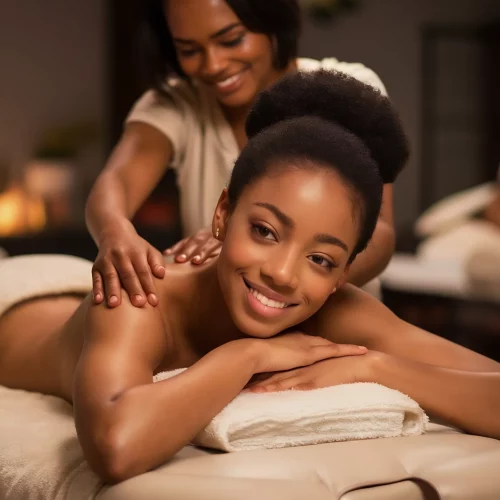Massage Relaxant et Bien-Être » Femme recevant un massage relaxant, masseuse souriante.